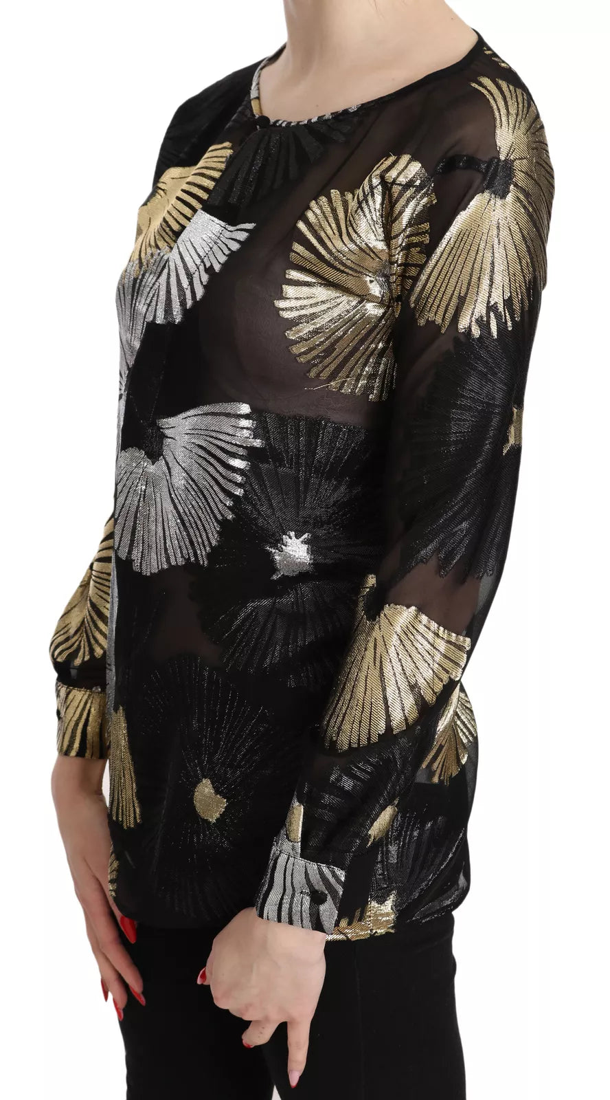 Dsquared² Gold Silver Silk Jacquard See Through Top Blouse