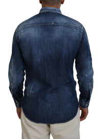 Dsquared² Blue Washed Collared Men Casual Long Sleeves Shirt