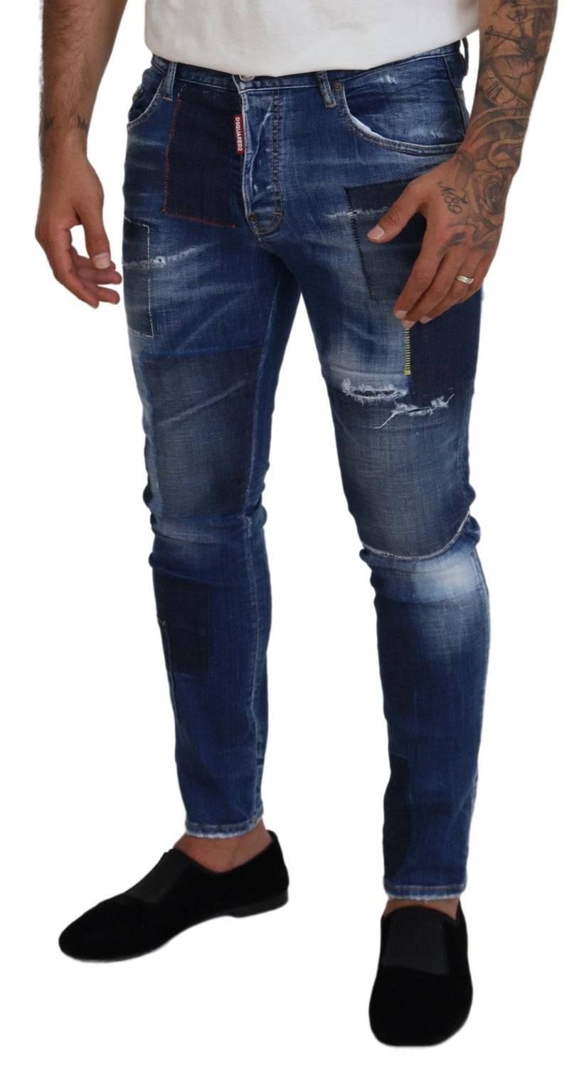 Dsquared² Blue Washed Patchwork Skinny Men Denim Jeans