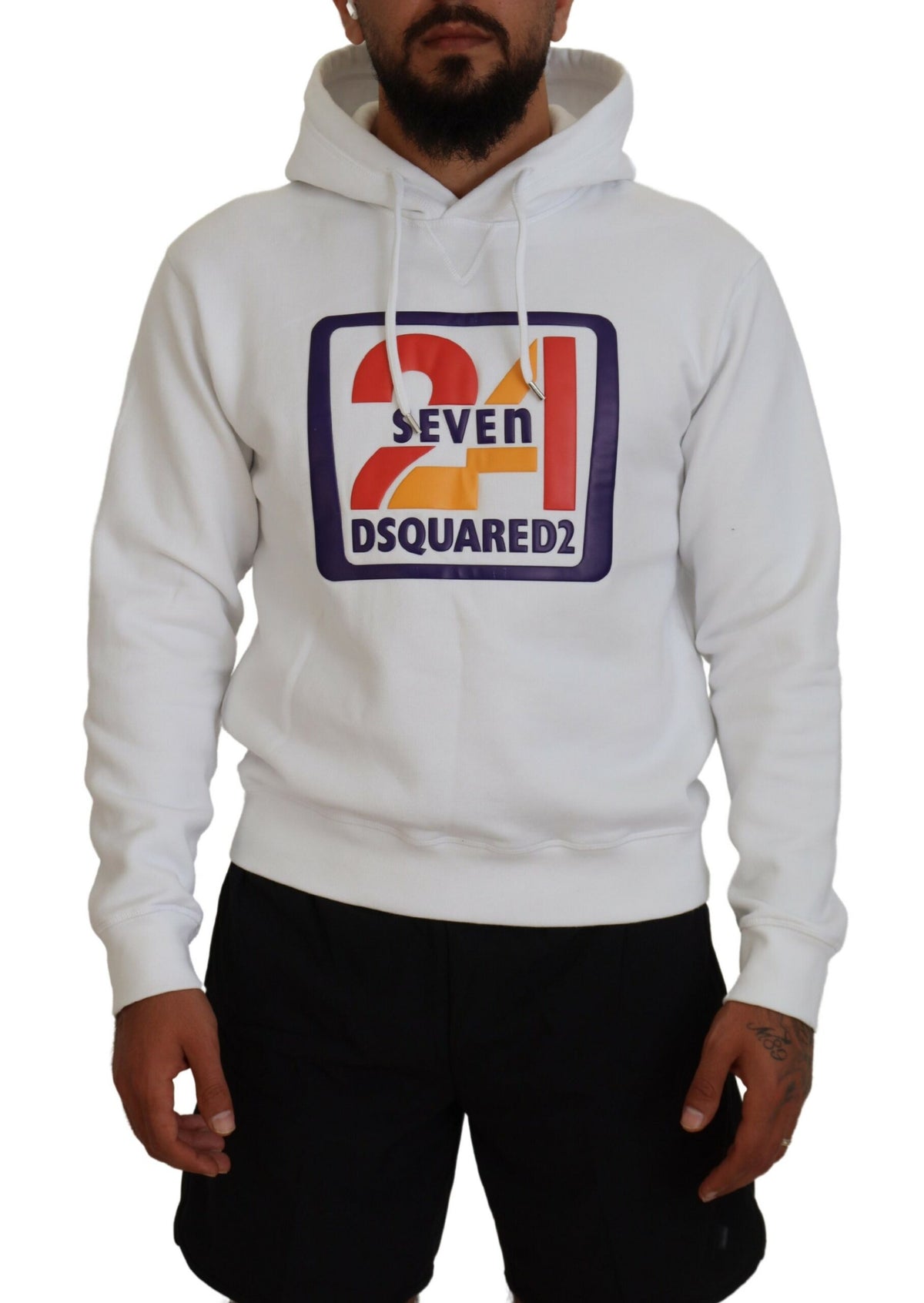 Dsquared² White Cotton Hooded Printed Men Pullover Sweater