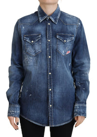 Dsquared² Blue Washed Cotton Button Down Collared Denim Shirt