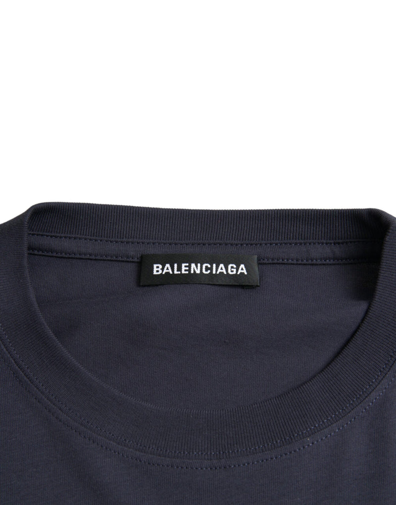 Balenciaga Dark Blue Cotton Logo Crew Neck Short Sleeves T-shirt