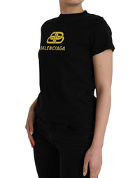 Balenciaga Black Cotton Logo Print Crew Neck Short Sleeves T-shirt