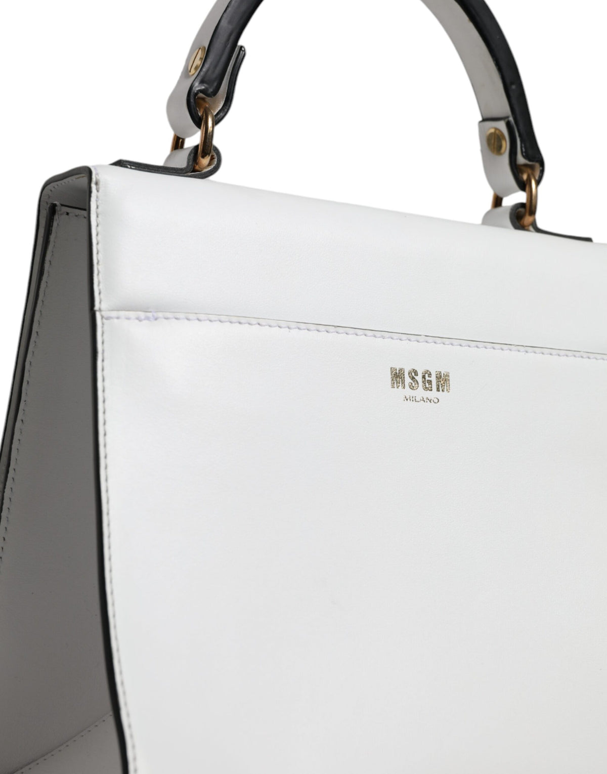 MSGM White Bovine Leather Top Handle Handbag Satchel Purse Bag