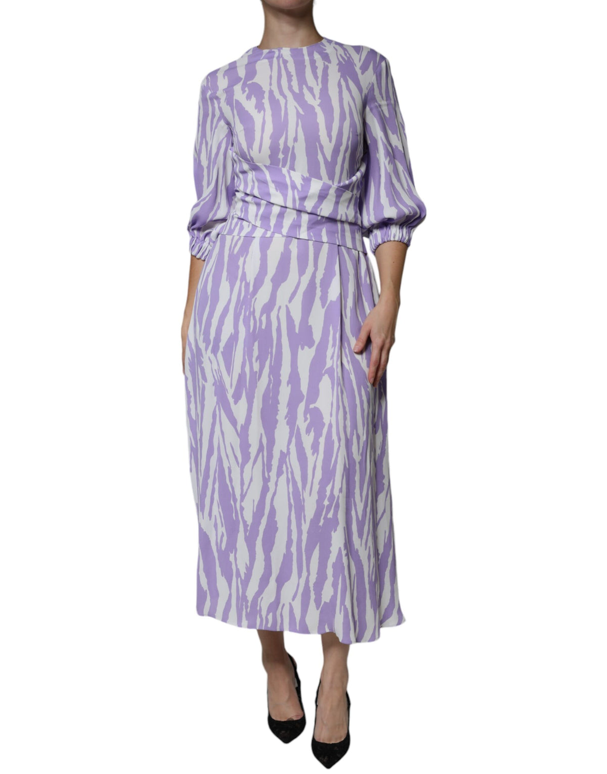 MSGM White Purple Patterned Viscose Short Sleeves Maxi Dress