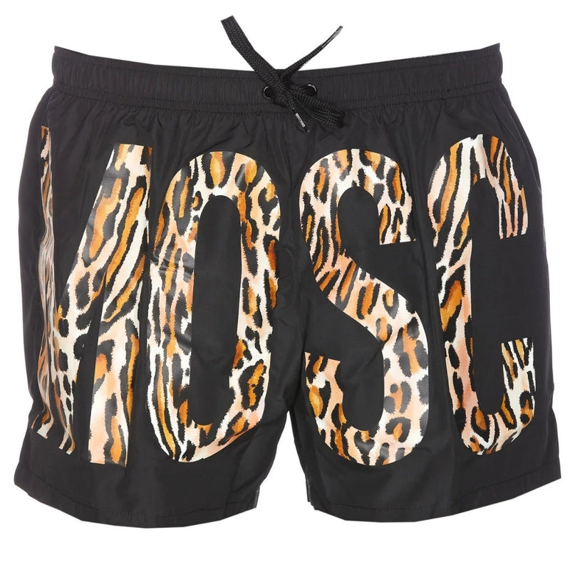 Moschino Leopard Print Logo Black Short Swim Shorts S