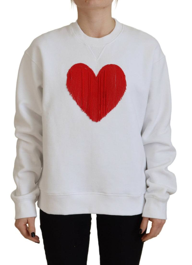 Dsquared² White Cotton Heart Fringe Long Sleeve Sweater