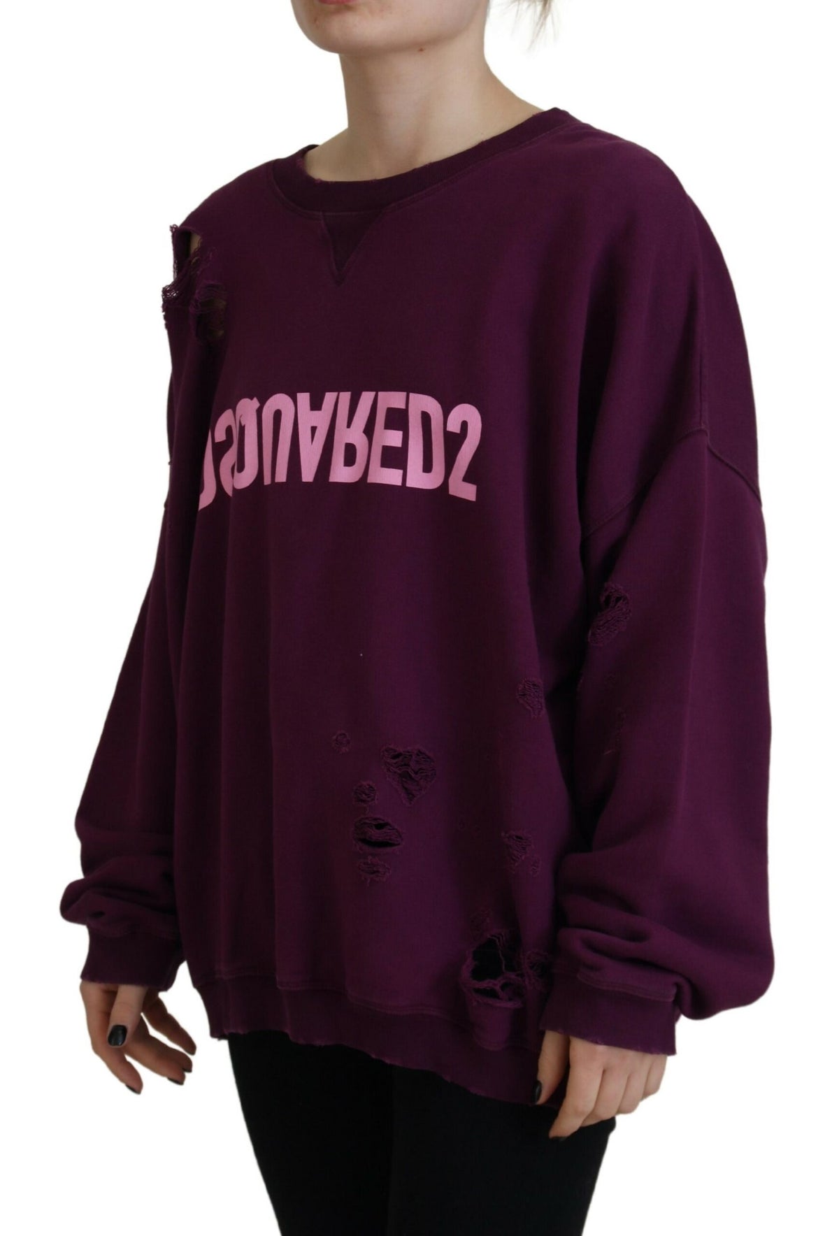 Dsquared² Purple Cotton Distressed Printed Long Sleeve Sweater