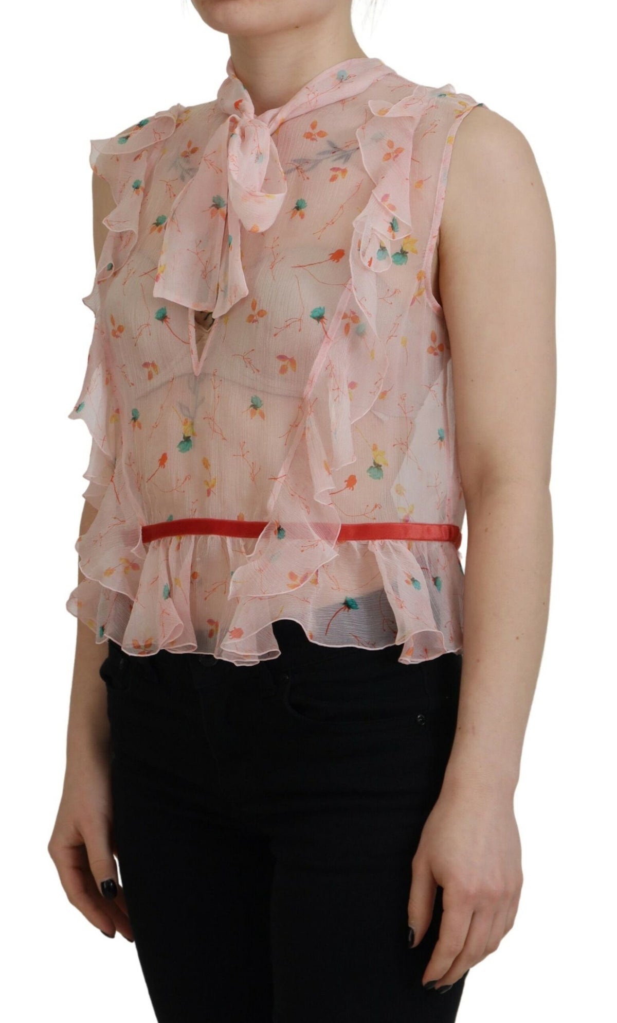 Dsquared² Pink Floral Print Silk Sleeveless Ascot Collar Top