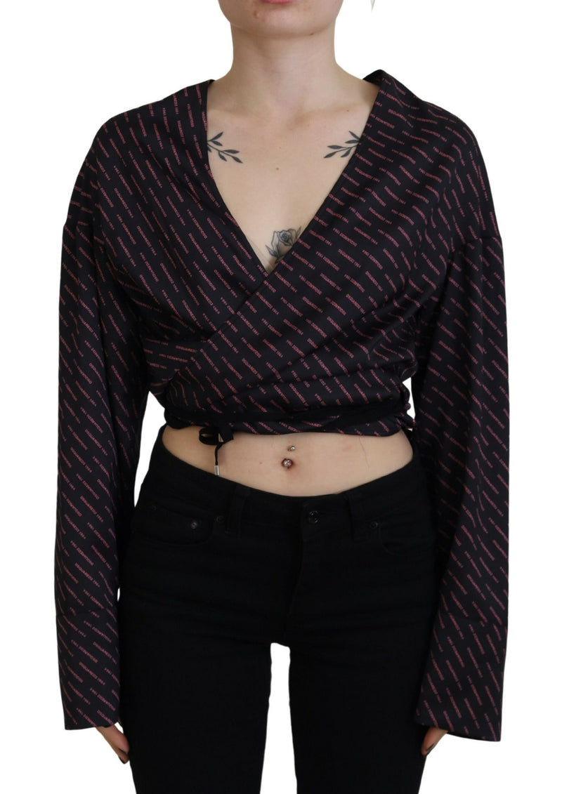Dsquared² Black Polyester Cropped Logo Printed Blouse Top