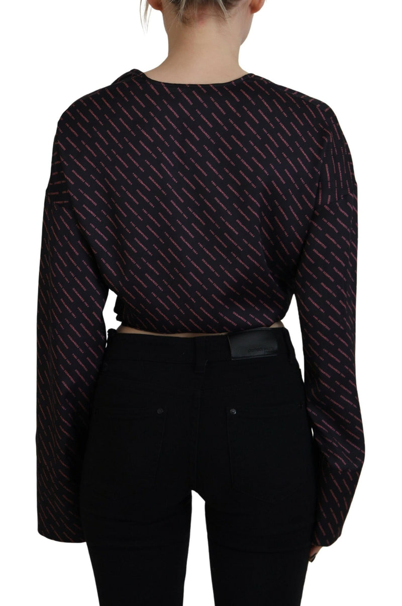 Dsquared² Black Polyester Cropped Logo Printed Blouse Top