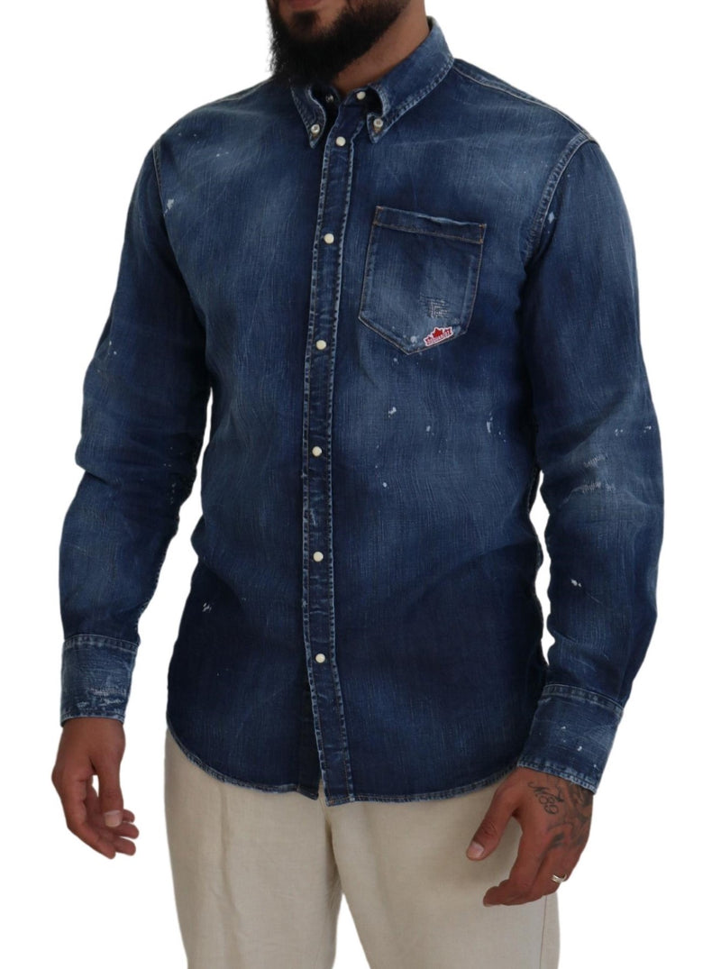 Dsquared² Blue Washed Collared Men Casual Long Sleeves Shirt