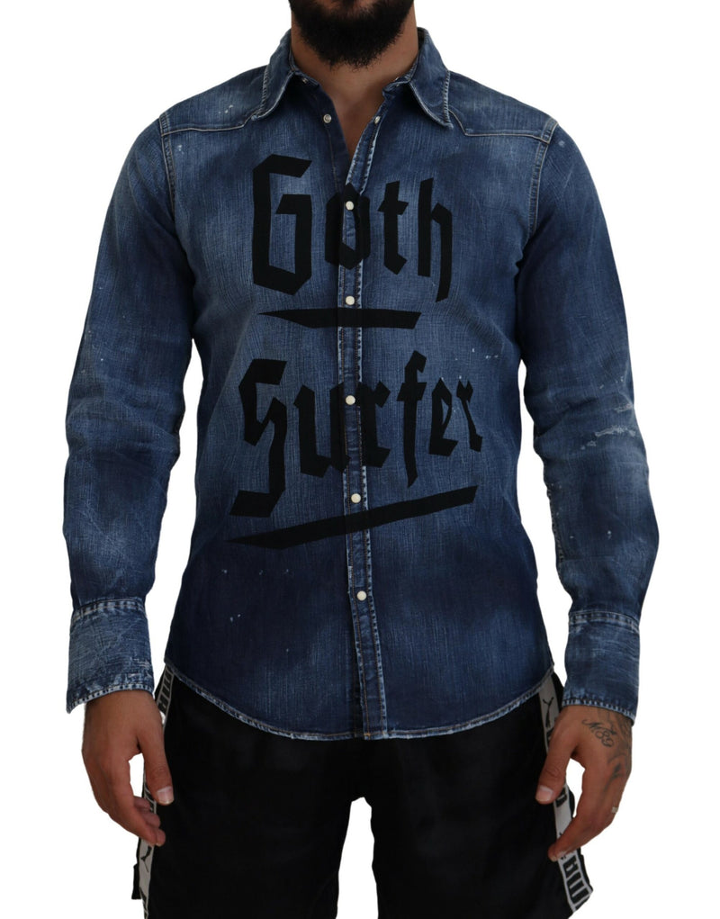 Dsquared² Blue Washed Goth Surfer Print Men Denim Shirt