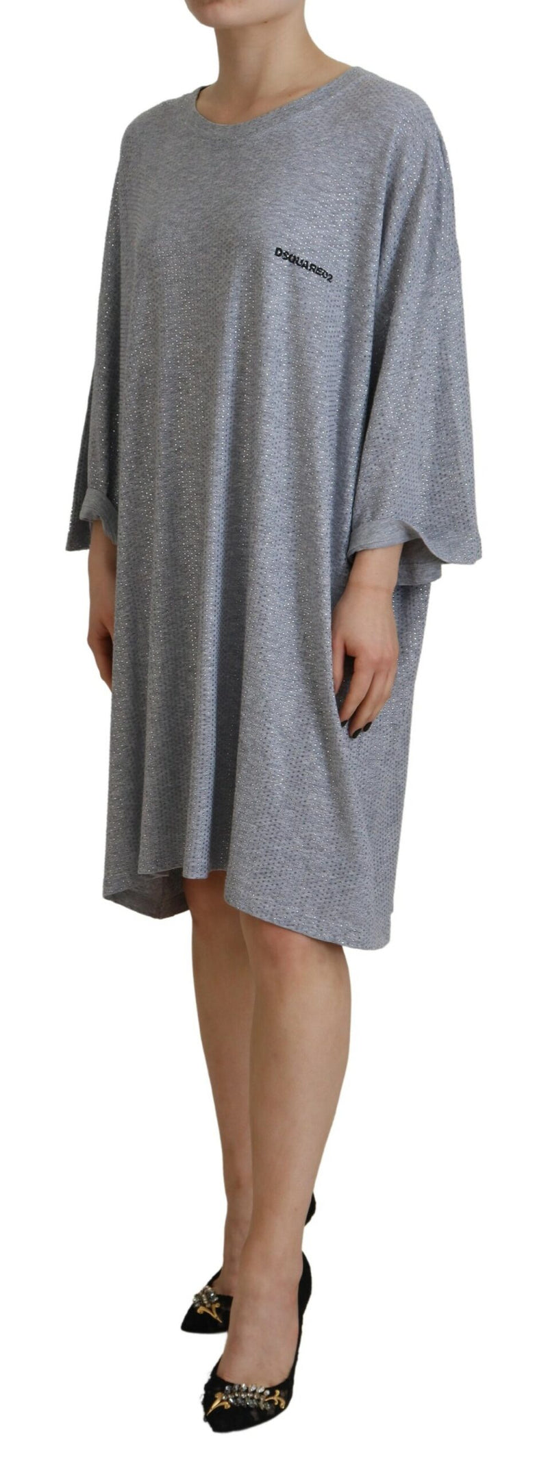 Dsquared² Gray Crystal Embellished Cotton Long Sleeves Dress