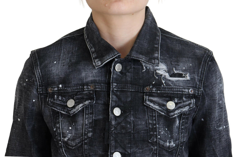 Dsquared² Gray Washed Cotton Distressed Denim Jacket