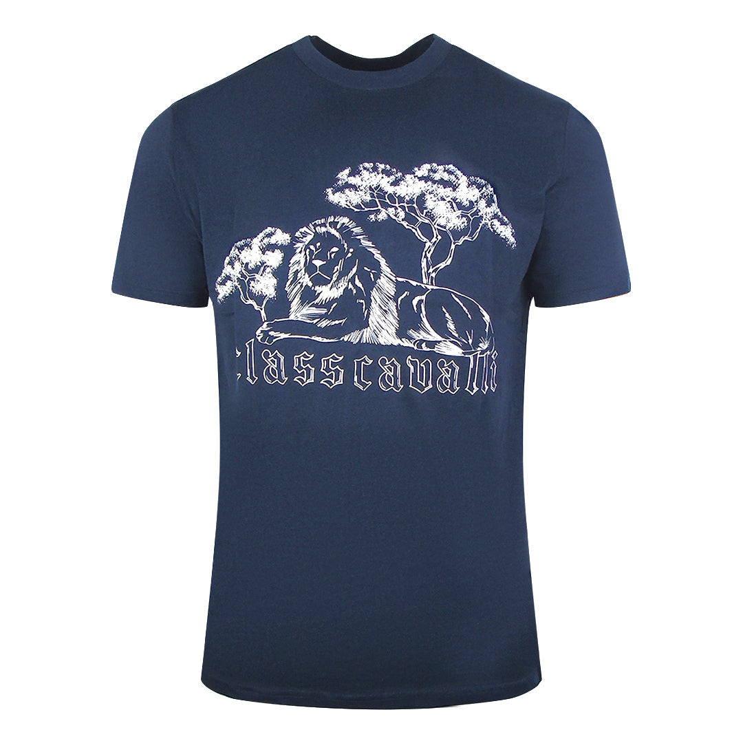 Cavalli Class Resting Lion Design Navy Blue T-Shirt