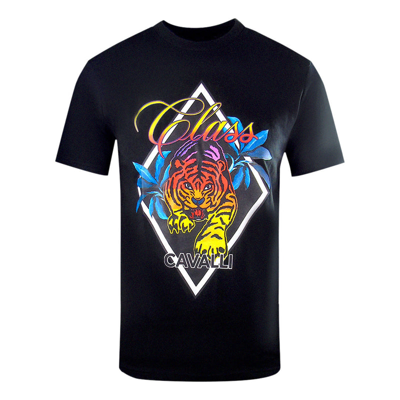 Cavalli Class Diamond Tiger Design Black T-Shirt