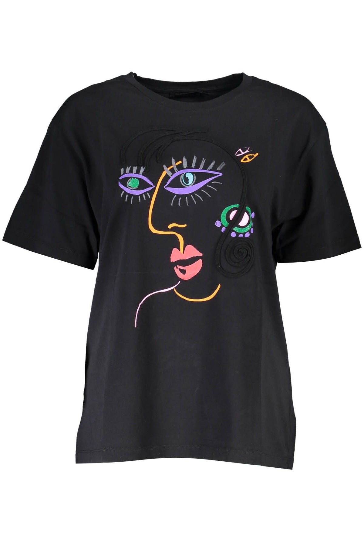 Desigual Chic Embroidered Black Tee with Artistic Flair