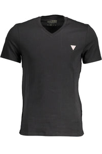 Guess Jeans Sleek V-Neck Logo Tee in Classic Black