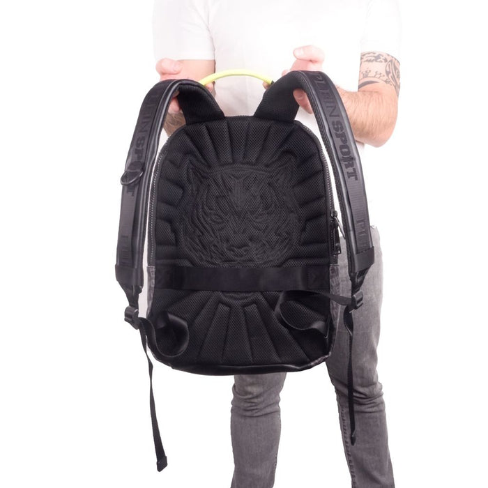 Plein Sport Sleek Black Eco-Leather Backpack with Logo Print