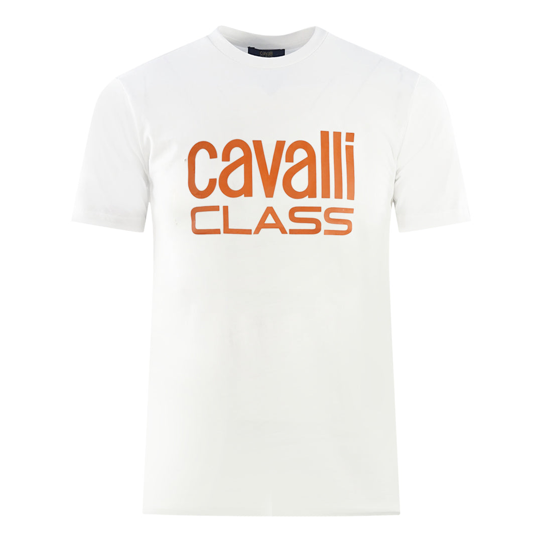 Cavalli Class Bold Orange Logo White T Shirt