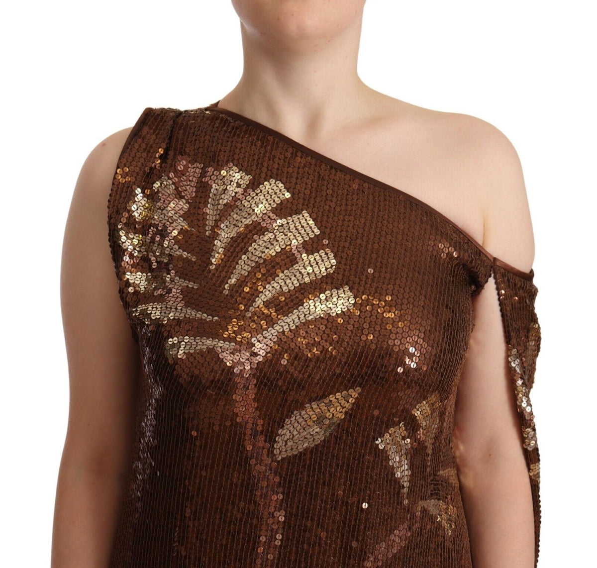 Dsquared² Brown Leaf Sequined Shift One Shoulder Long Dress