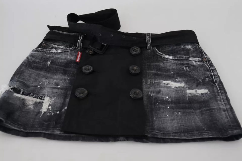 Dsquared² Black Distressed Mid Waist A-line Denim Mini Skirt